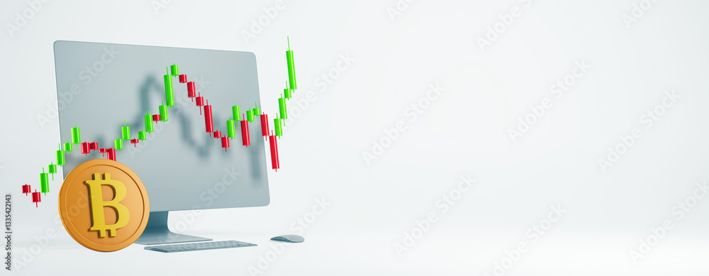 Poster Bitcoin coin and candlestick chart on computer screen. 3D Rendering