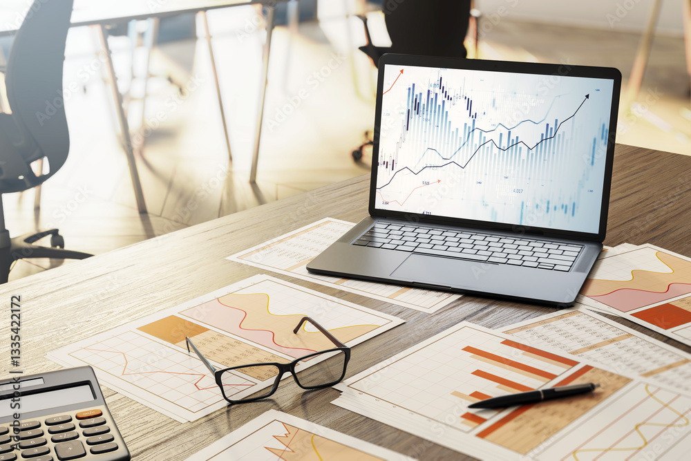 Poster financial analysis workspace with laptop and charts on wooden desk. 3d rendering