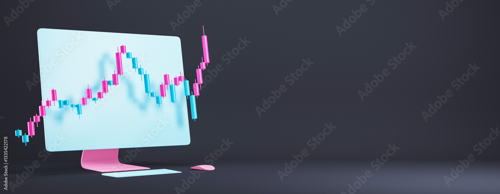 Poster 3D rendering of a financial candlestick chart emerging from a computer screen. 3D Rendering