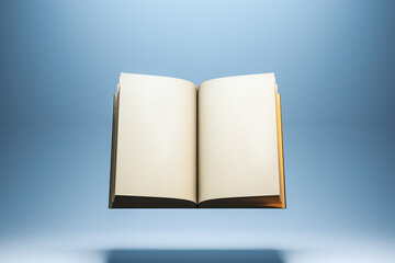 Open blank book mockup isolated on blue background. 3D Rendering