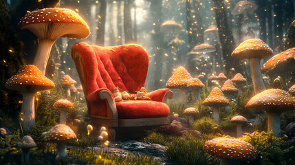 Fantasy fairy tale wonderland with armchair and mushrooms background for cover or illustration for invitation or poster. Mycelial Dream. Illustration