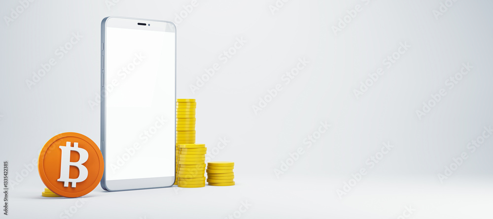 Aufkleber Bitcoin digital currency concept with smartphone and coins. 3D Rendering