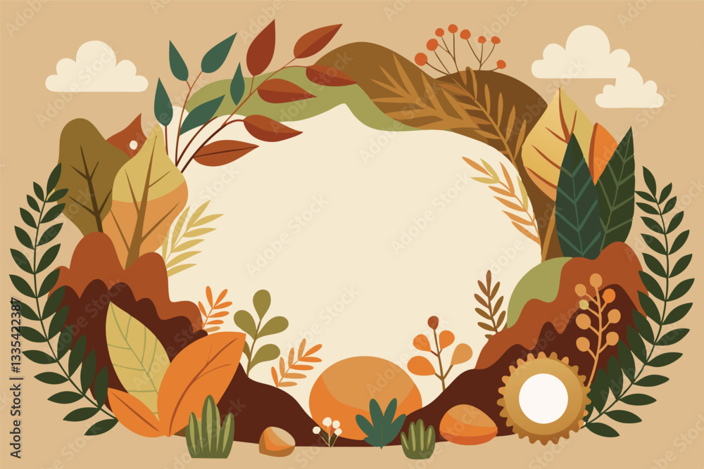 Poster nature-inspired vector illustration featuring foliage and clouds in a warm color palette