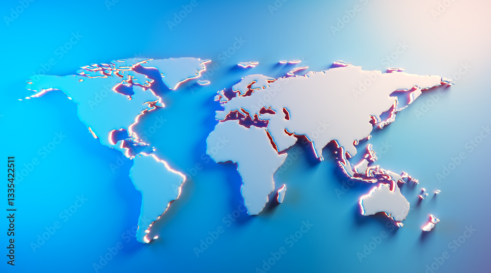 Poster Abstract 3D world map with glowing edges on gradient blue background. 3D Rendering