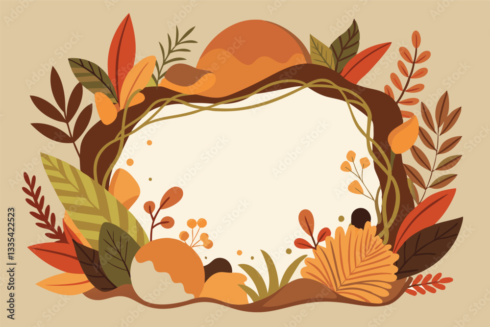 Poster nature-inspired vector illustration featuring foliage and clouds in a warm color palette
