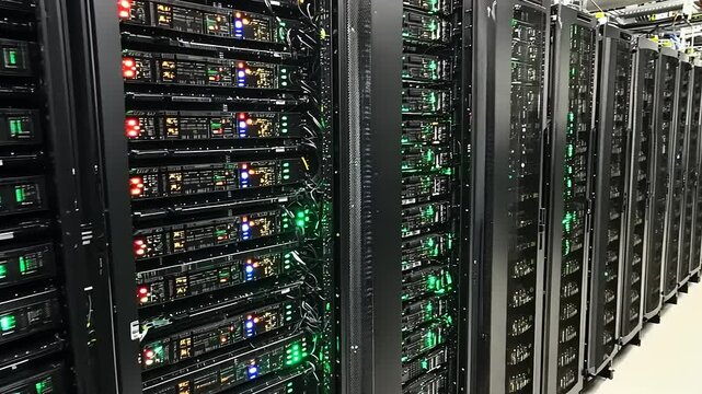 Rows of illuminated server racks in a modern data center, showcasing advanced technology and infrastructure