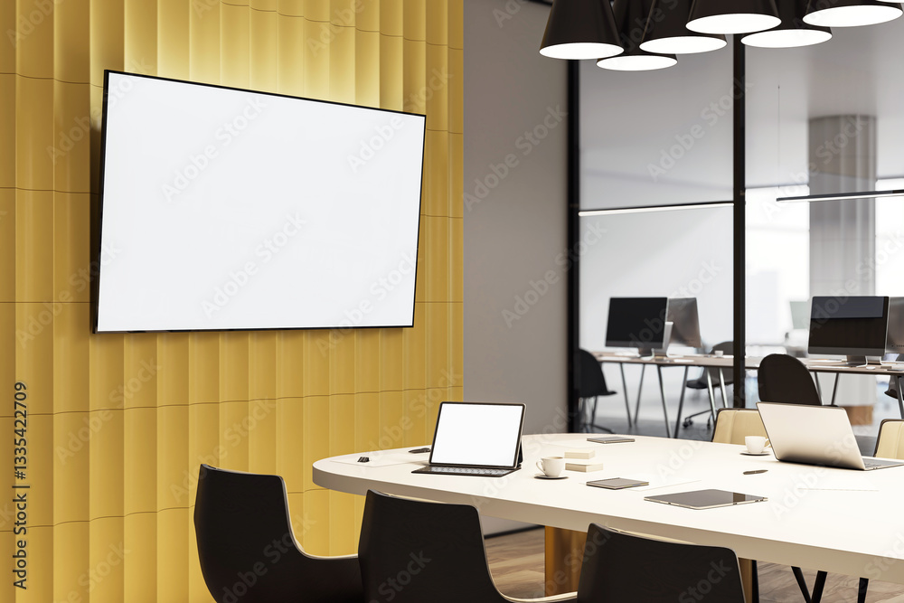Poster modern conference room with blank screen and office workspace. 3d rendering