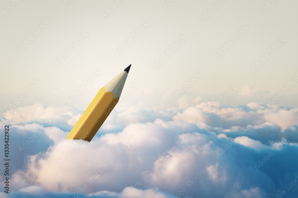 Poster surreal image of a large yellow pencil emerging from clouds.