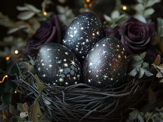 Elegant  Easter Nest with Decorated Eggs