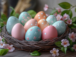 Elegant  Easter Nest with Decorated Eggs