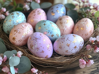 Elegant  Easter Nest with Decorated Eggs