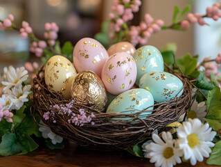 Elegant  Easter Nest with Decorated Eggs