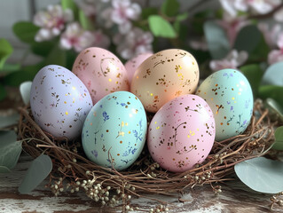 Elegant  Easter Nest with Decorated Eggs