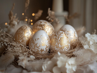 Elegant  Easter Nest with Decorated Eggs