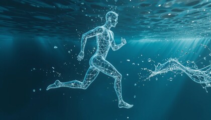 Fototapeta premium On a blue gradient background, a silhouette of a running man filled with blue water represents concepts of sport, fitness hydration, healthy living, or wellness.