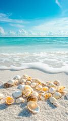 Obraz premium Seashells on a sunlit beach with crystal blue ocean waves in a summer paradise. Vacation theme for vertical wallpaper or banner