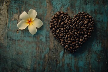 Heart of Coffee Beans, Frangipani Flower on Rustic Wood