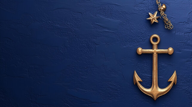 Elegant nautical banner with golden anchor and sea star on deep blue background with space for text. Cruise, yachting, sailing themes