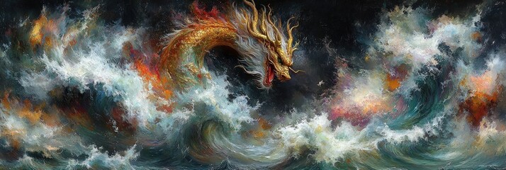 Fototapeta premium Golden Dragon Amidst Turbulent Seas