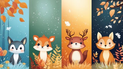 Naklejka premium Cartoon Illustrations Depicting Various Forest Animals Surrounded By Autumn Colors