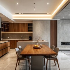 A modern kitchen and dining area with wooden furnishings