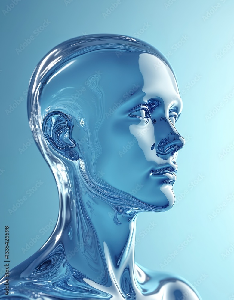 Poster 3d rendering of blue liquid head bust as ai machine learning concept on light blue background. futur
