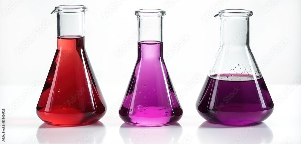Poster three flasks with red, purple, violet chemical reagent solutions isolated on white background. scien