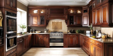 An elegant kitchen showcasing wooden cabinets and modern appliances