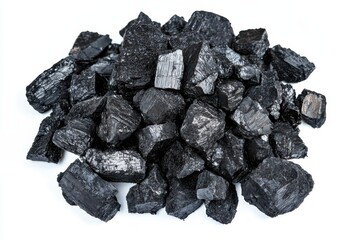 Obraz premium Top view of black coal dust and isolated fragments against a white background
