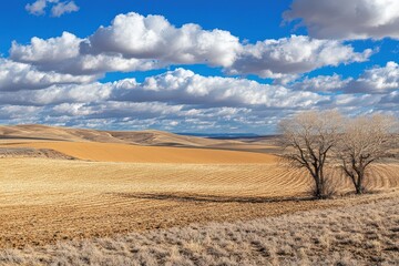 Fototapeta premium Expansive golden fields under a bright blue sky with scattered clouds and distant hills
