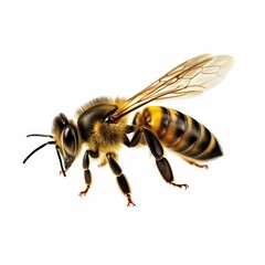 A vibrant honeybee in di cut style, busily collecting pollen with its delicate wings spread wide against a crisp white backdrop.