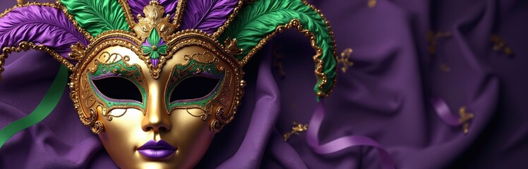 Ornate Venetian mask with feathers for Mardi Gras carnival on violet fabric. Golden luxury masquerade ball costume for party event. Traditional mardi gras template banner illustration in green,