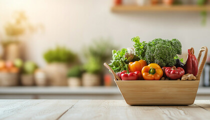 E-commerce online shopping concept. Fresh vegetables in a wooden basket on a kitchen table.