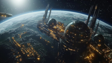Futuristic Space Colony Above Earth with Glowing Cities