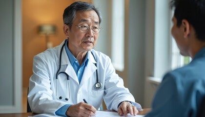 Asian mature doctor in eyeglasses consulting male patient indoors. Physician talking with man about regular health checkup in clinic. Pro medical specialist occupation, healthcare service, diagnosis,