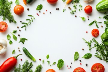 Fresh vegetables and herbs frame on white. (1)