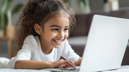 Excited schoolgirl engages in digital learning on her laptop