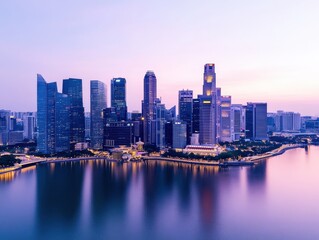 Fototapeta premium Stunning skyline of a modern city at dusk, reflecting on calm water