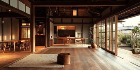 Interior view of a modern spacious home with wooden elements