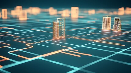 Abstract digital city buildings rendered on a grid surface
