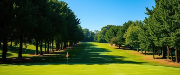 Fototapeta premium Lush green golf course fairway bordered by mature trees, park, course