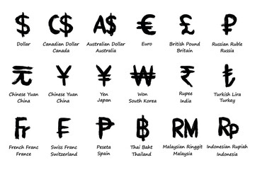 Hand drawn currency symbol set Dollar euro pound ruble yuan yen won rupee lira franc peseta baht ringgit rupiah