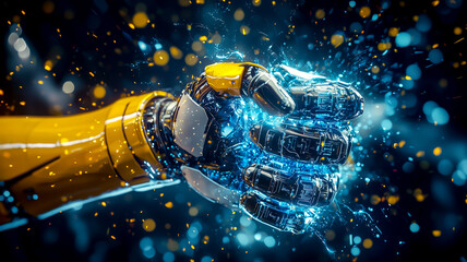 Robotic fist glowing with energy, symbolizing technological advancement and future innovation in a visually striking image.