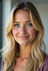 Naklejka premium A radiant blonde Swedish woman smiles warmly, her long hair cascading softly around her shoulders. She appears relaxed, enjoying the tranquil atmosphere of a well-lit indoor space Generative AI