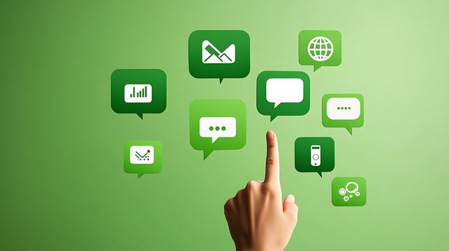 Index finger pointing at communications icons