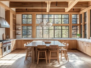 Beautifully designed wooden kitchen with island and large forest views