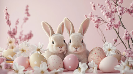 Obraz premium Easter bunnies with pastel eggs and flowers on pink background