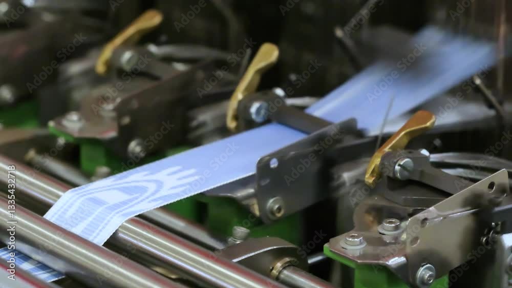 Poster machine is making blue fabric. the machine has a green handle