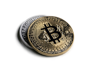 Detailed close up of two bitcoin coins representing digital currency