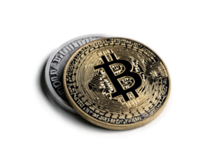 Detailed close up of two bitcoin coins representing digital currency